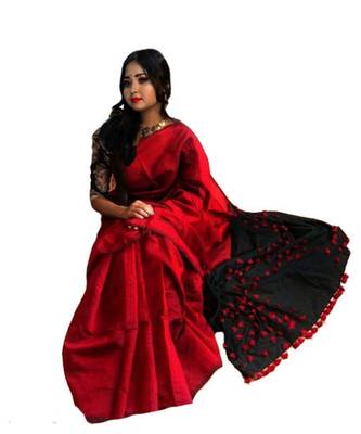 Handloom achol pompom cotton silk saree with blouse piece 1