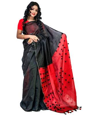 Handloom achol pompom cotton silk saree with blouse piece 1