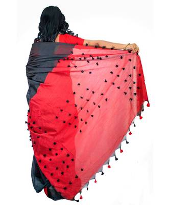 Handloom achol pompom cotton silk saree with blouse piece 2