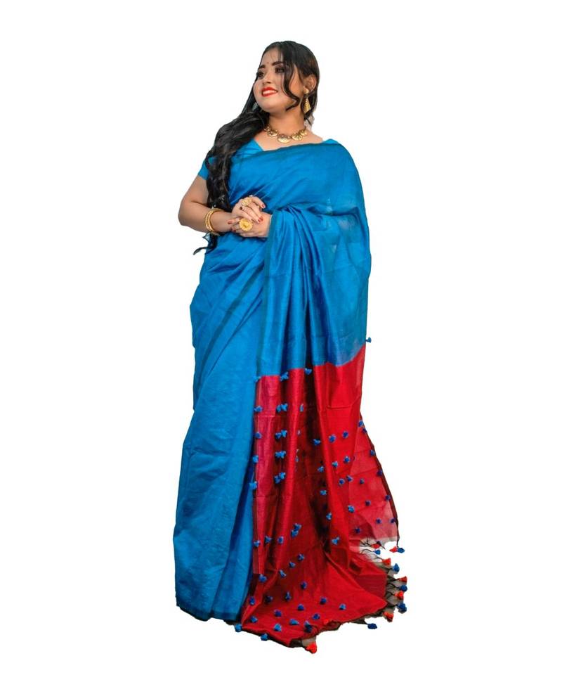 Handloom achol pompom cotton silk saree with blouse piece