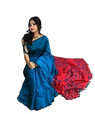 Handloom achol pompom cotton silk saree with blouse piece 2