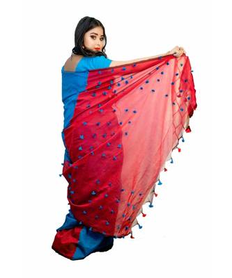 Handloom achol pompom cotton silk saree with blouse piece 3