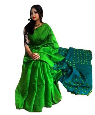 Handloom achol pompom cotton silk saree with blouse piece 1