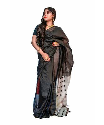 Handloom achol pompom cotton silk saree with blouse piece 1
