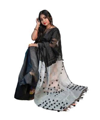 Handloom achol pompom cotton silk saree with blouse piece 2
