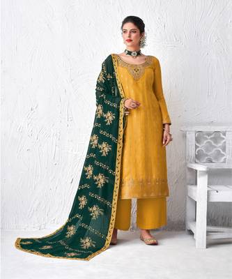 Yellow and green Embroidered Plazzo Suit 1