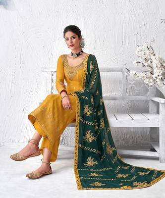 Yellow and green Embroidered Plazzo Suit 2