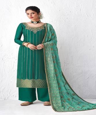 Turquoise Embroidered Plazzo Suit 1
