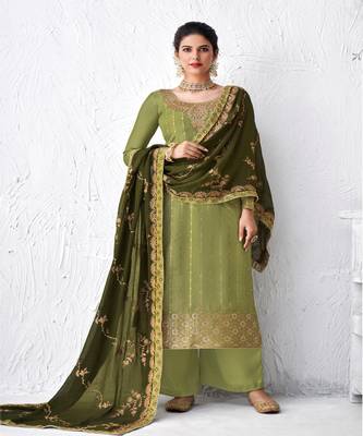 Olive Green Embroidered palazzo Suit 1
