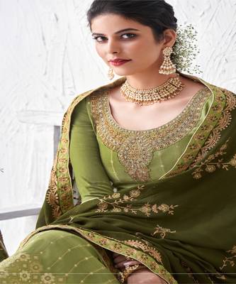 Olive Green Embroidered palazzo Suit 2