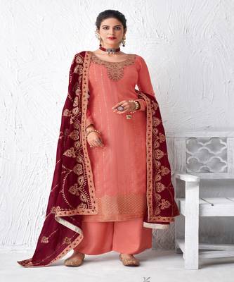 Peach And Maroon Embroidered Palazzo Suit 1