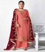 Peach And Maroon Embroidered Palazzo Suit