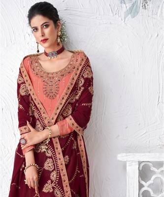 Peach And Maroon Embroidered Palazzo Suit 2