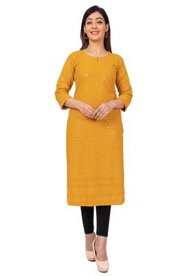 Women Yellow Straight Causal Solid Chikan Hand Embroidered Regular Fit Kurti 1