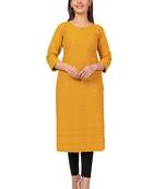 Women Yellow Straight Causal Solid Chikan Hand Embroidered Regular Fit Kurti