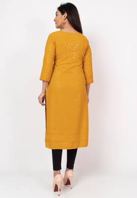 Women Yellow Straight Causal Solid Chikan Hand Embroidered Regular Fit Kurti 2