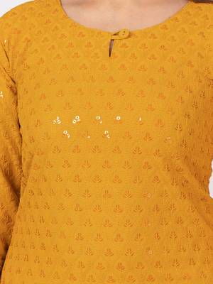 Women Yellow Straight Causal Solid Chikan Hand Embroidered Regular Fit Kurti 3