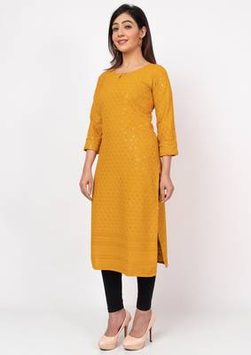 Women Yellow Straight Causal Solid Chikan Hand Embroidered Regular Fit Kurti 4