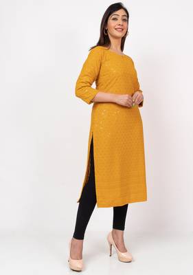 Women Yellow Straight Causal Solid Chikan Hand Embroidered Regular Fit Kurti 5