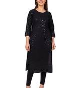 Women Black  Causal Solid Chikan Hand Embroidered Regular Fit Kurti