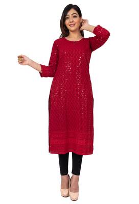 Women Maroon  Causal Solid Chikan Hand Embroidered Regular Fit Kurti 1