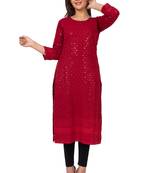 Women Maroon  Causal Solid Chikan Hand Embroidered Regular Fit Kurti