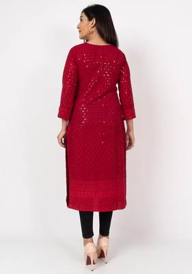Women Maroon  Causal Solid Chikan Hand Embroidered Regular Fit Kurti 2