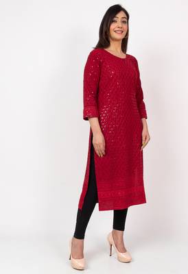 Women Maroon  Causal Solid Chikan Hand Embroidered Regular Fit Kurti 3