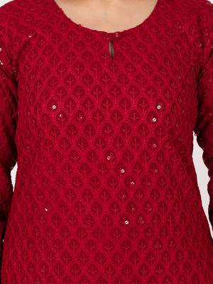 Women Maroon  Causal Solid Chikan Hand Embroidered Regular Fit Kurti 4