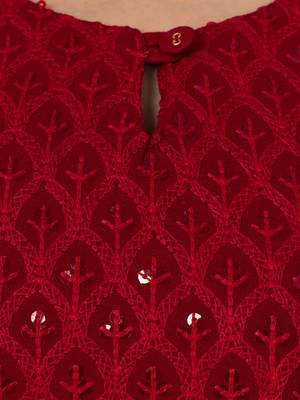 Women Maroon  Causal Solid Chikan Hand Embroidered Regular Fit Kurti 5