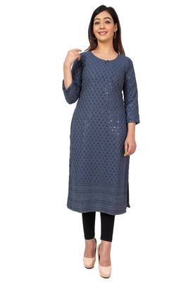 Women Grey  Causal Solid Chikan Hand Embroidered Regular Fit Kurti 1