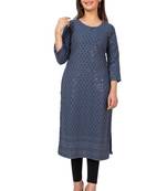 Women Grey  Causal Solid Chikan Hand Embroidered Regular Fit Kurti