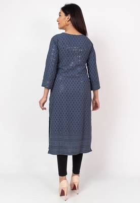 Women Grey  Causal Solid Chikan Hand Embroidered Regular Fit Kurti 2