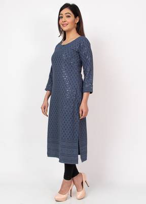 Women Grey  Causal Solid Chikan Hand Embroidered Regular Fit Kurti 3