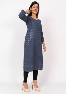 Women Grey  Causal Solid Chikan Hand Embroidered Regular Fit Kurti 5