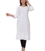 Women White  Causal Solid Chikan Hand Embroidered Regular Fit Kurti