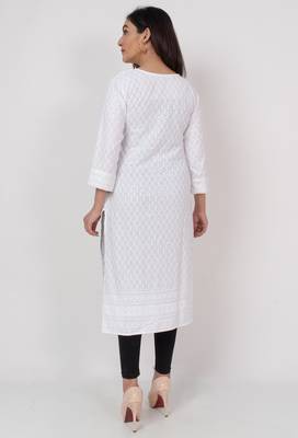 Women White  Causal Solid Chikan Hand Embroidered Regular Fit Kurti 2