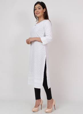 Women White  Causal Solid Chikan Hand Embroidered Regular Fit Kurti 3