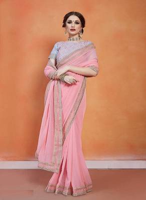 Baby Pink Georgette Saree With Embroidery Lace And Embroidery Unstitched Blows 2