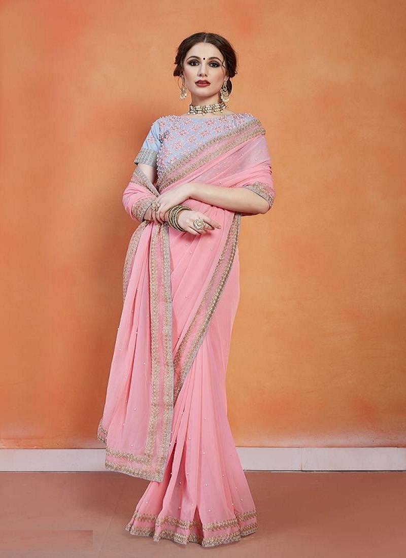 Baby Pink Georgette Saree With Embroidery Lace And Embroidery Unstitched Blows