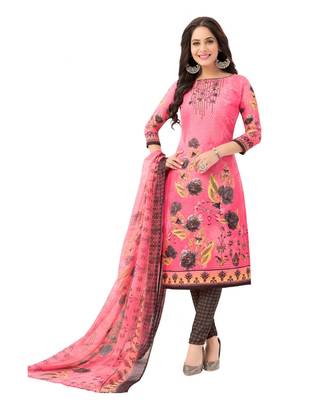Women's  Pink & Grey Synthetic Printed Unstitch Dress Material with Dupatta 1