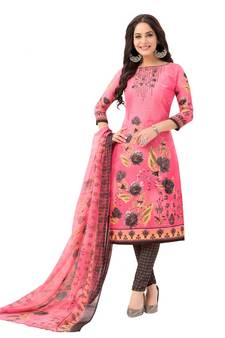 Women's  Pink & Grey Synthetic Printed Unstitch Dress Material with Dupatta