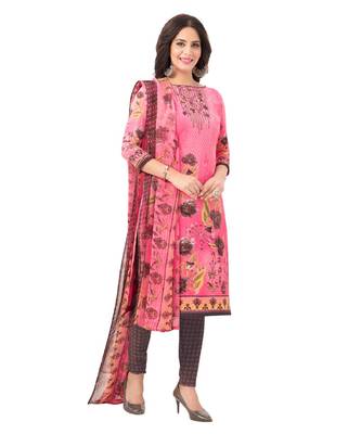 Women's  Pink & Grey Synthetic Printed Unstitch Dress Material with Dupatta 3