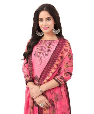 Women's  Pink & Grey Synthetic Printed Unstitch Dress Material with Dupatta 4