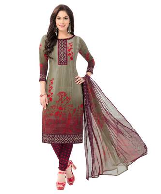 Women's  Grey & Red Synthetic Printed Unstitch Dress Material with Dupatta 1