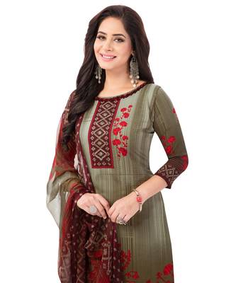Women's  Grey & Red Synthetic Printed Unstitch Dress Material with Dupatta 4