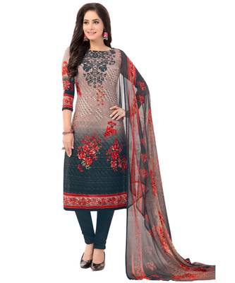 Women's  Grey & Red Synthetic Printed Unstitch Dress Material with Dupatta 1