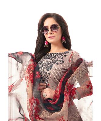 Women's  Grey & Red Synthetic Printed Unstitch Dress Material with Dupatta 4