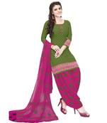 Women's  Mehendi Green & Pink Synthetic Printed Unstitch Dress Material with Dupatta
