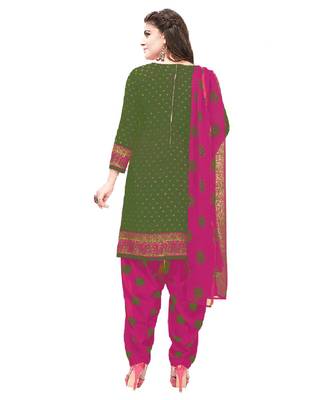 Women's  Mehendi Green & Pink Synthetic Printed Unstitch Dress Material with Dupatta 2